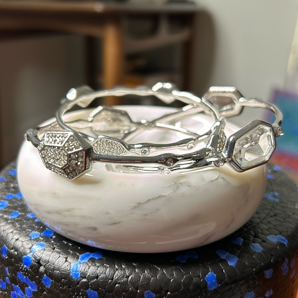 Graziano CN Silver Tone and Clear Crystal Pave/Large Stone Bangles